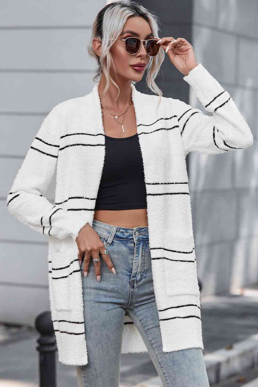 Striped Open Front Cardigan with Pockets