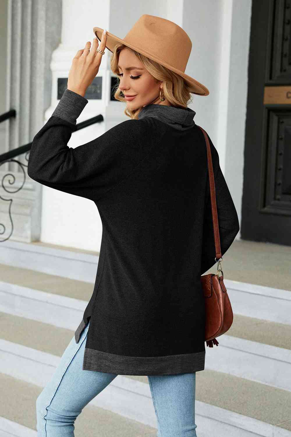 Turtle Neck Long Sleeve Slit Blouse