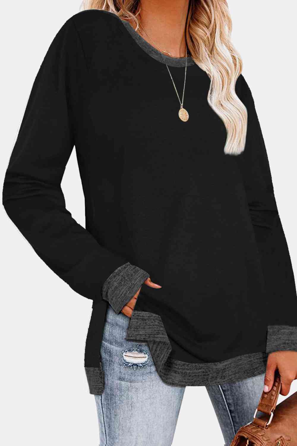 Round Neck Long Sleeve Slit T-Shirt