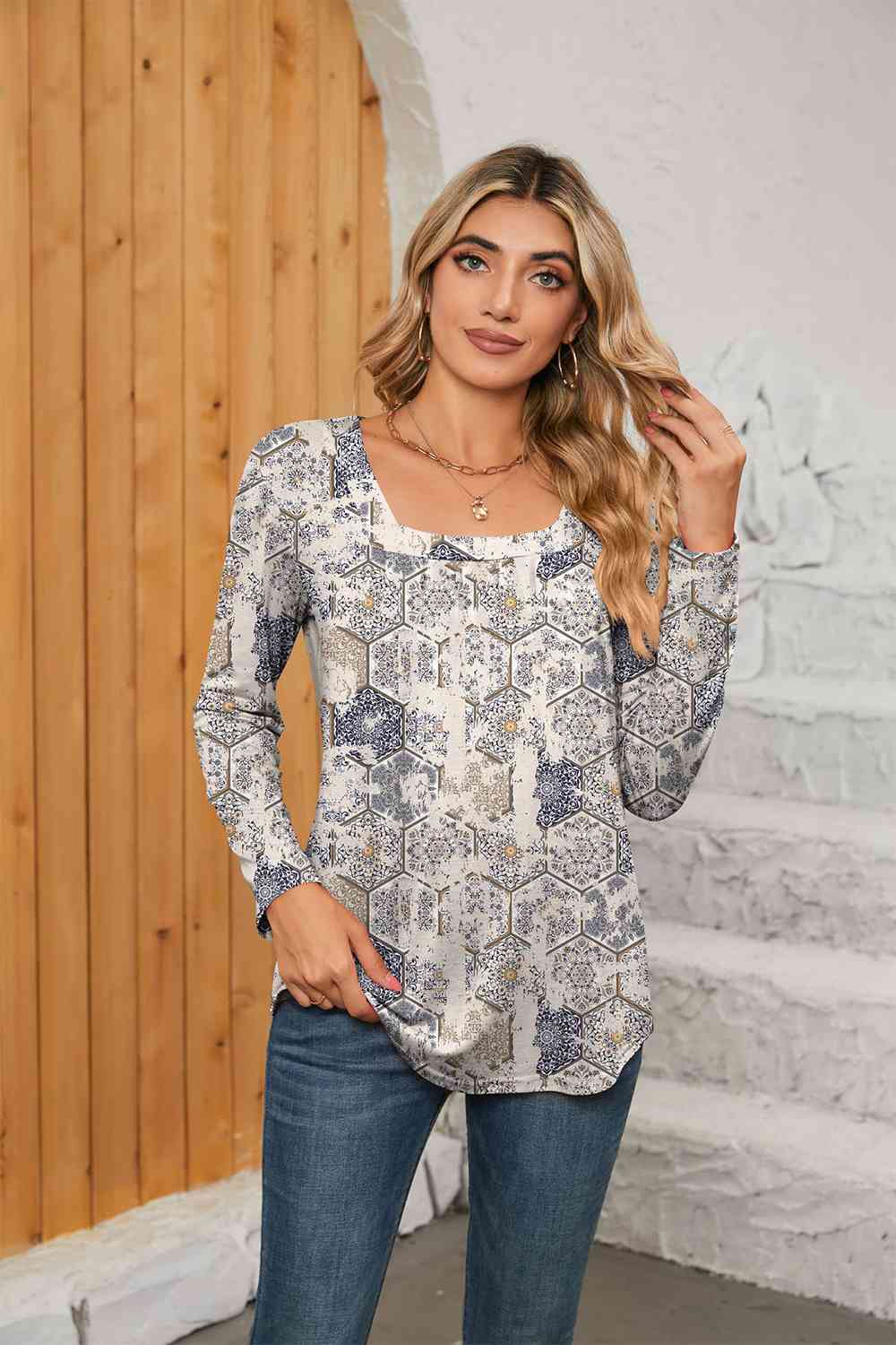 Printed Square Neck Long Sleeve Blouse