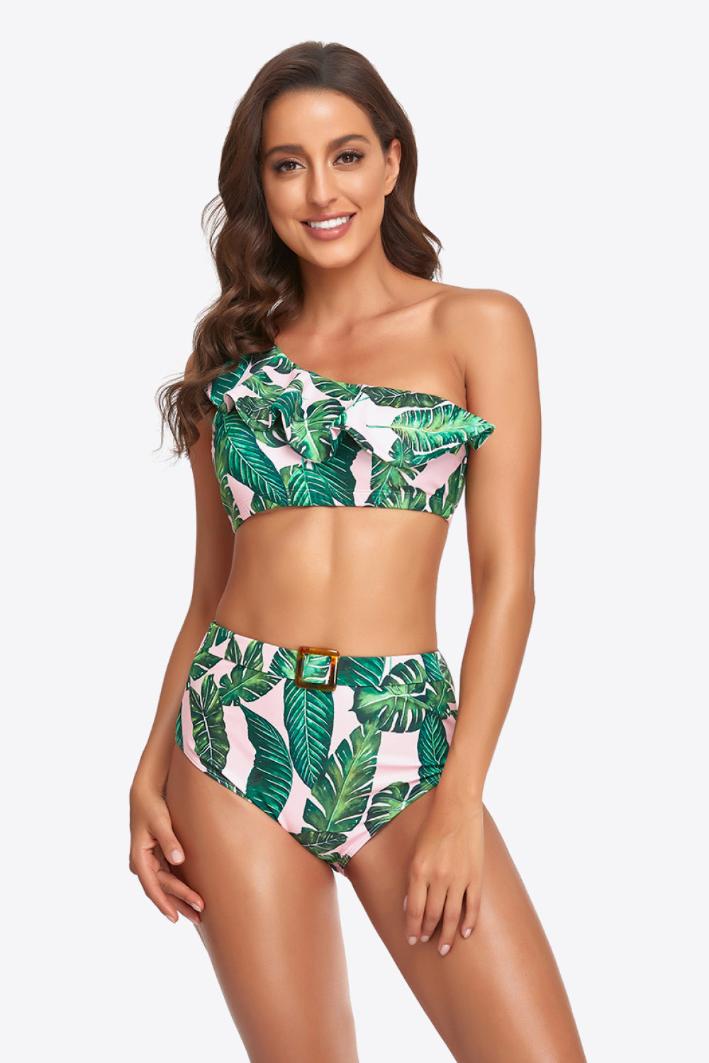 Ruffled One-Shoulder Buckled Bikini Set