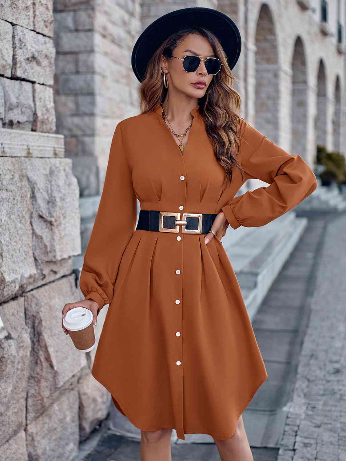 Notched Neck Long Sleeve Dress