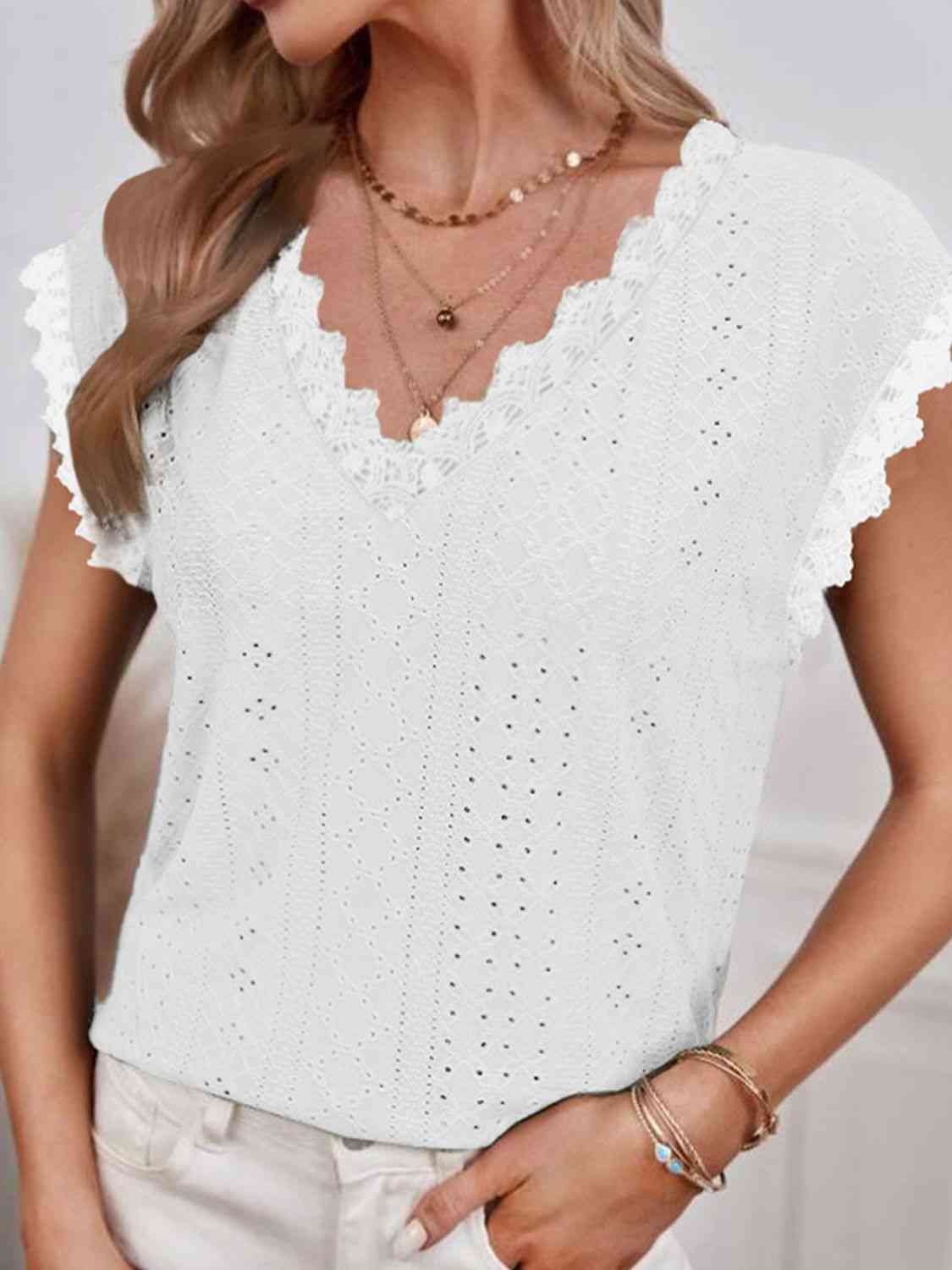 V-Neck Eyelet Short Sleeve Top