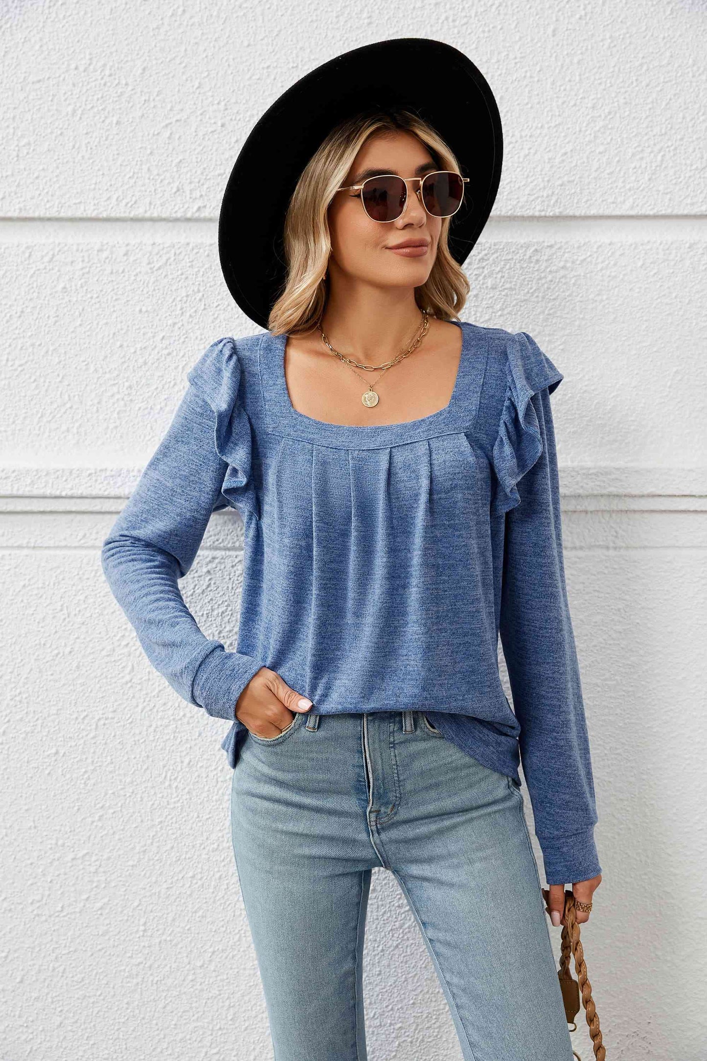 Square Neck Ruffle Shoulder Long Sleeve T-Shirt