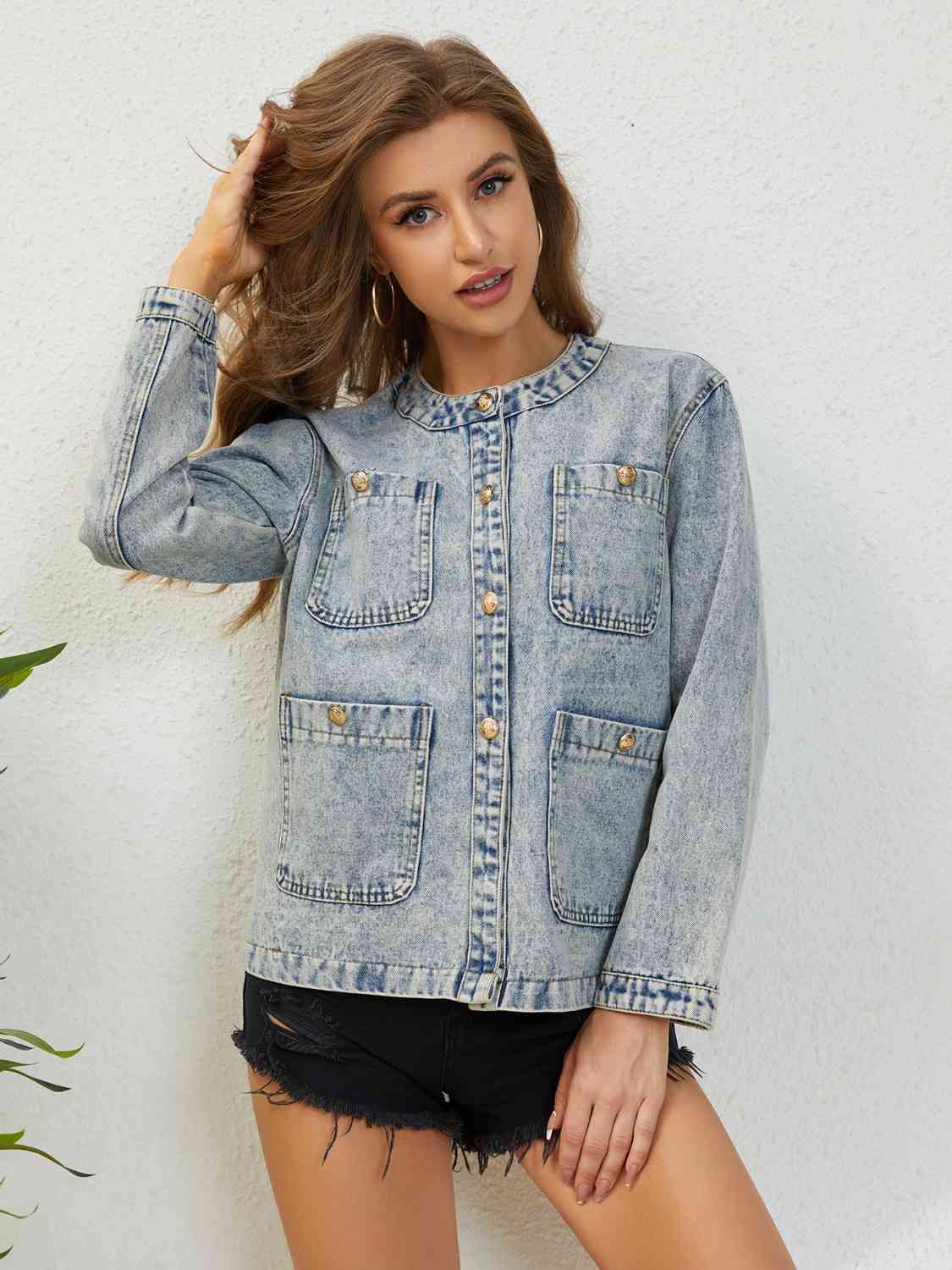 Button Up Round Neck Denim Jacket