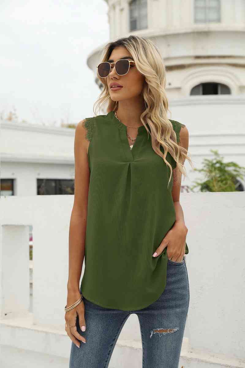 Eyelash Trim Spliced Lace Sleeveless Top