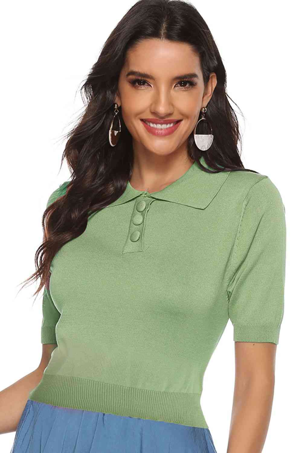 Buttoned Collared Neck Short Sleeve Knit Top