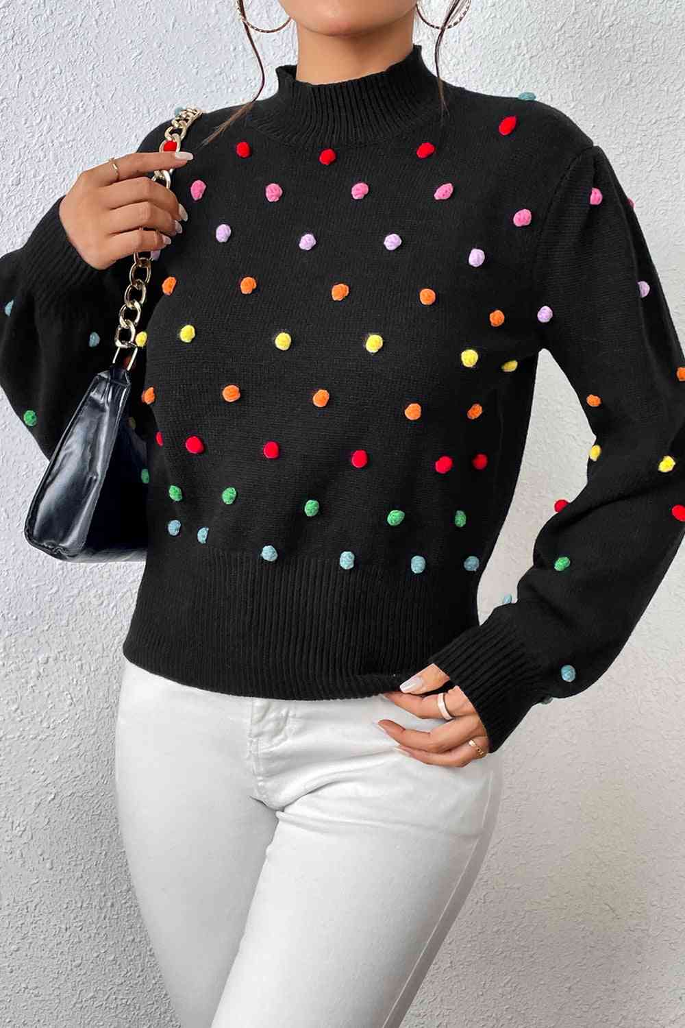 Pom-Pom Trim Mock Neck Long Sleeve Pullover Sweater