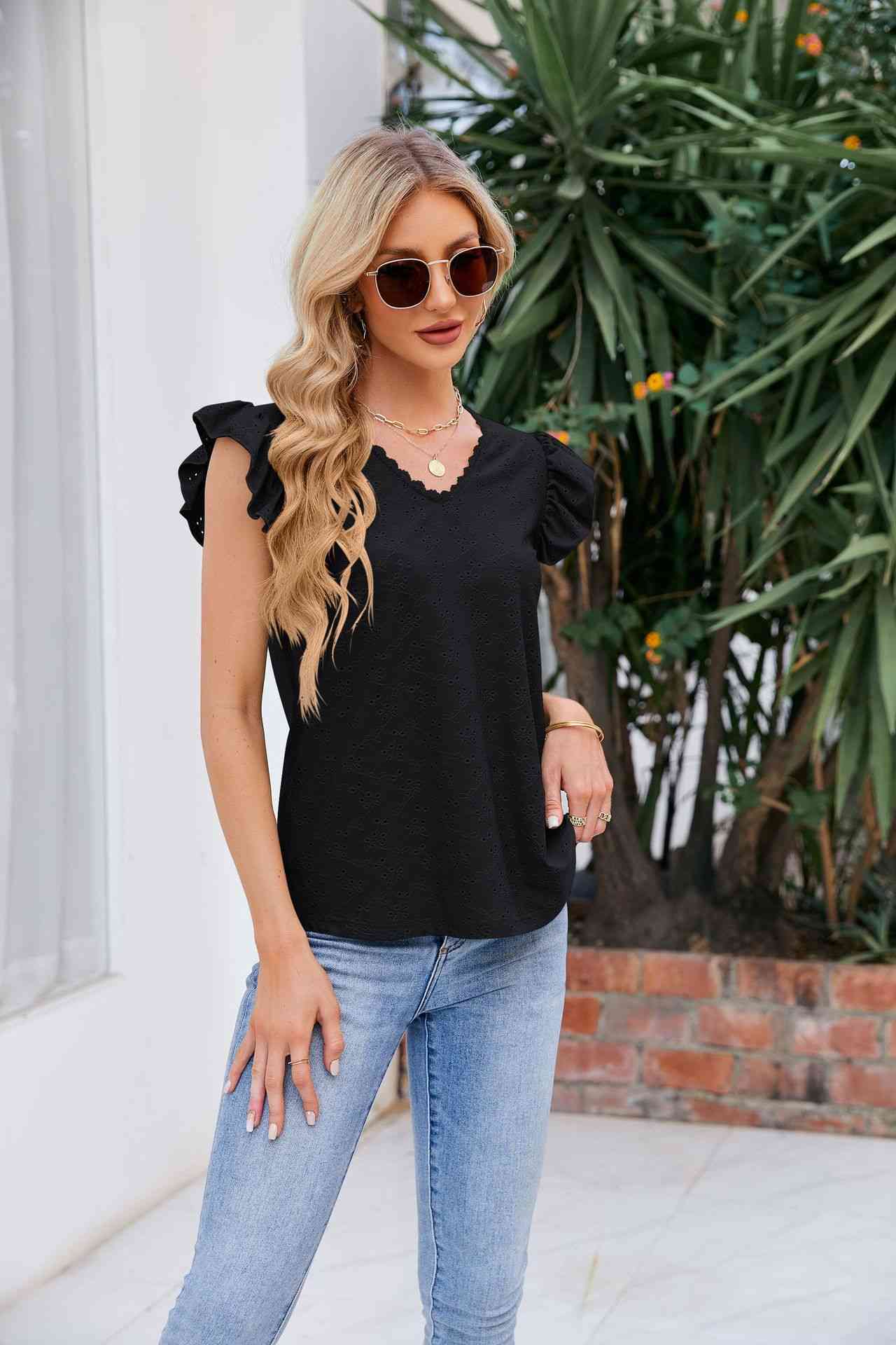 V-Neck Flutter Sleeve Eyelet Top