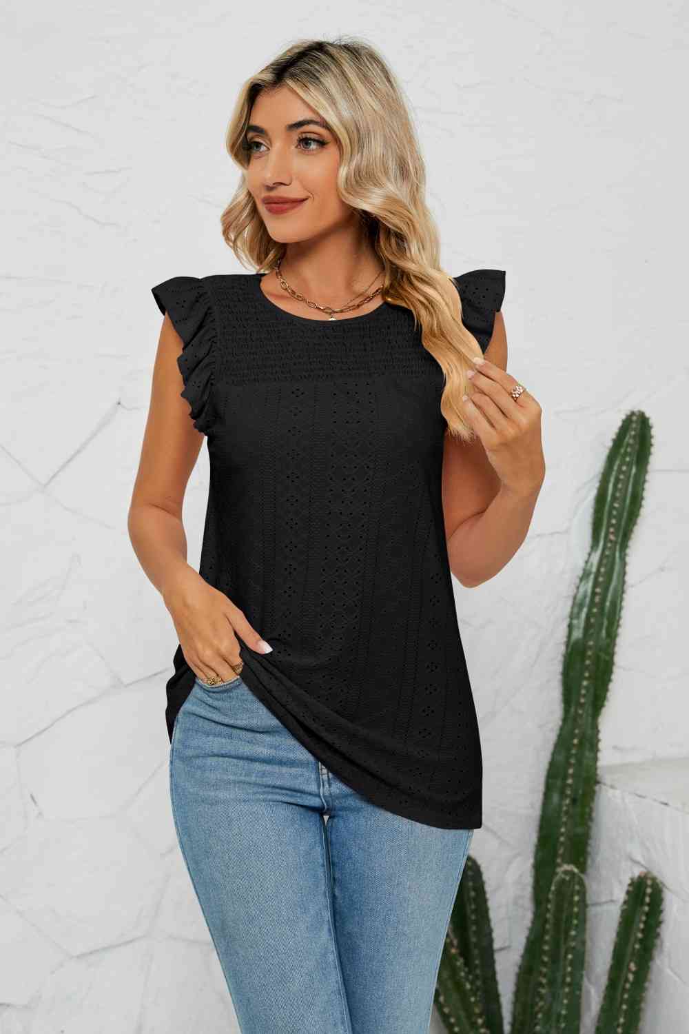 Smocked Round Neck Eyelet Top