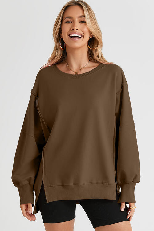 Exposed Seam Long Sleeve Slit Sweatshirt