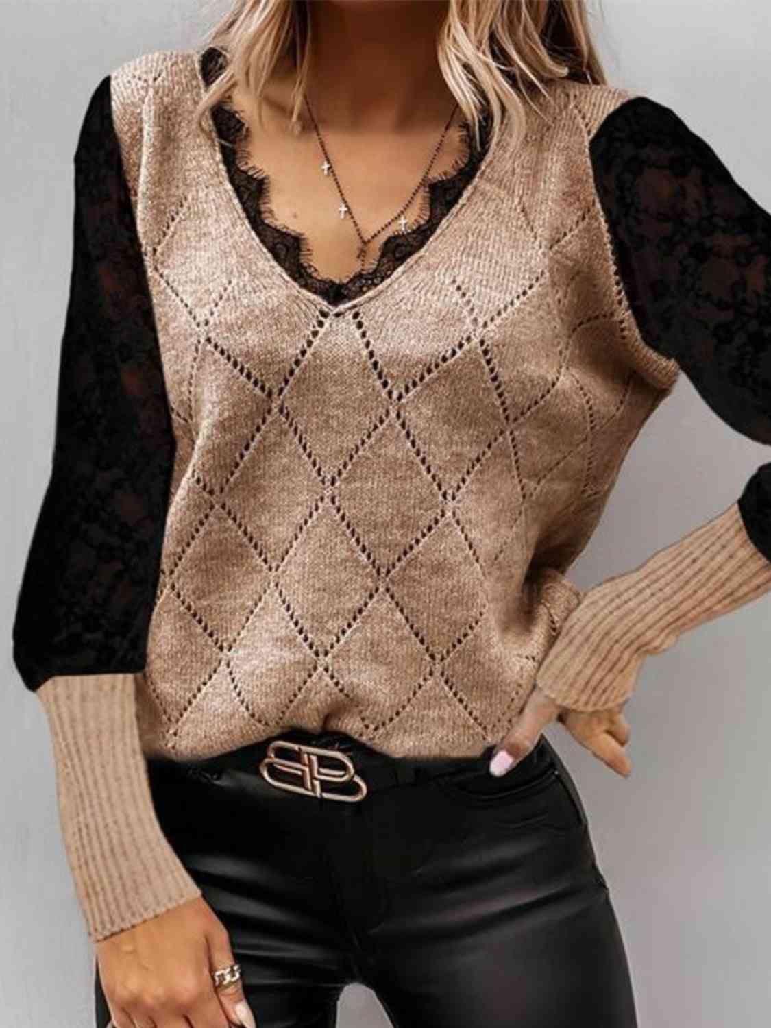 Lace Decor V Neck Two Tone Sweater