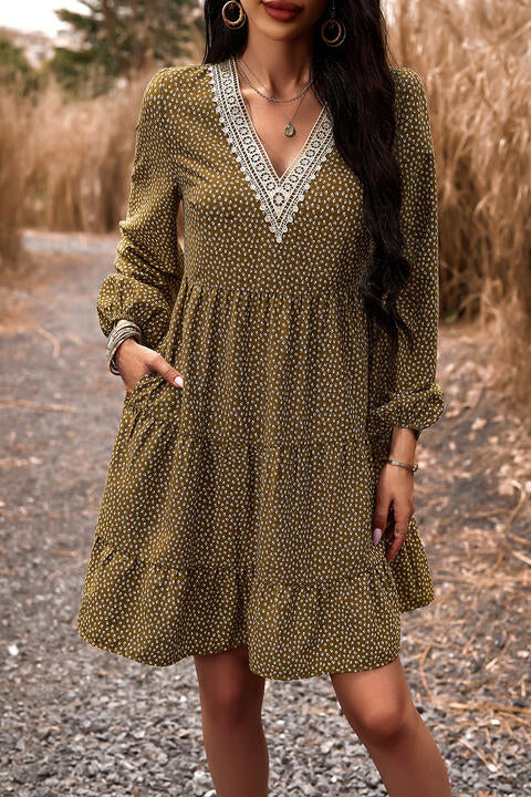 Lace Trim V-Neck Long Sleeve Dress