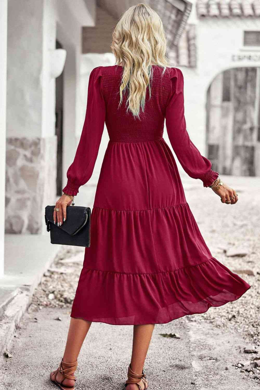 Smocked Round Neck Flounce Sleeve Midi Dress