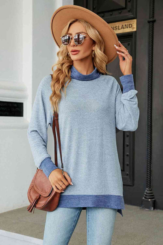 Turtle Neck Long Sleeve Slit Blouse