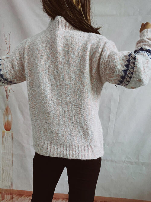 Geometric Mock Neck Dropped Shoulder Sweater