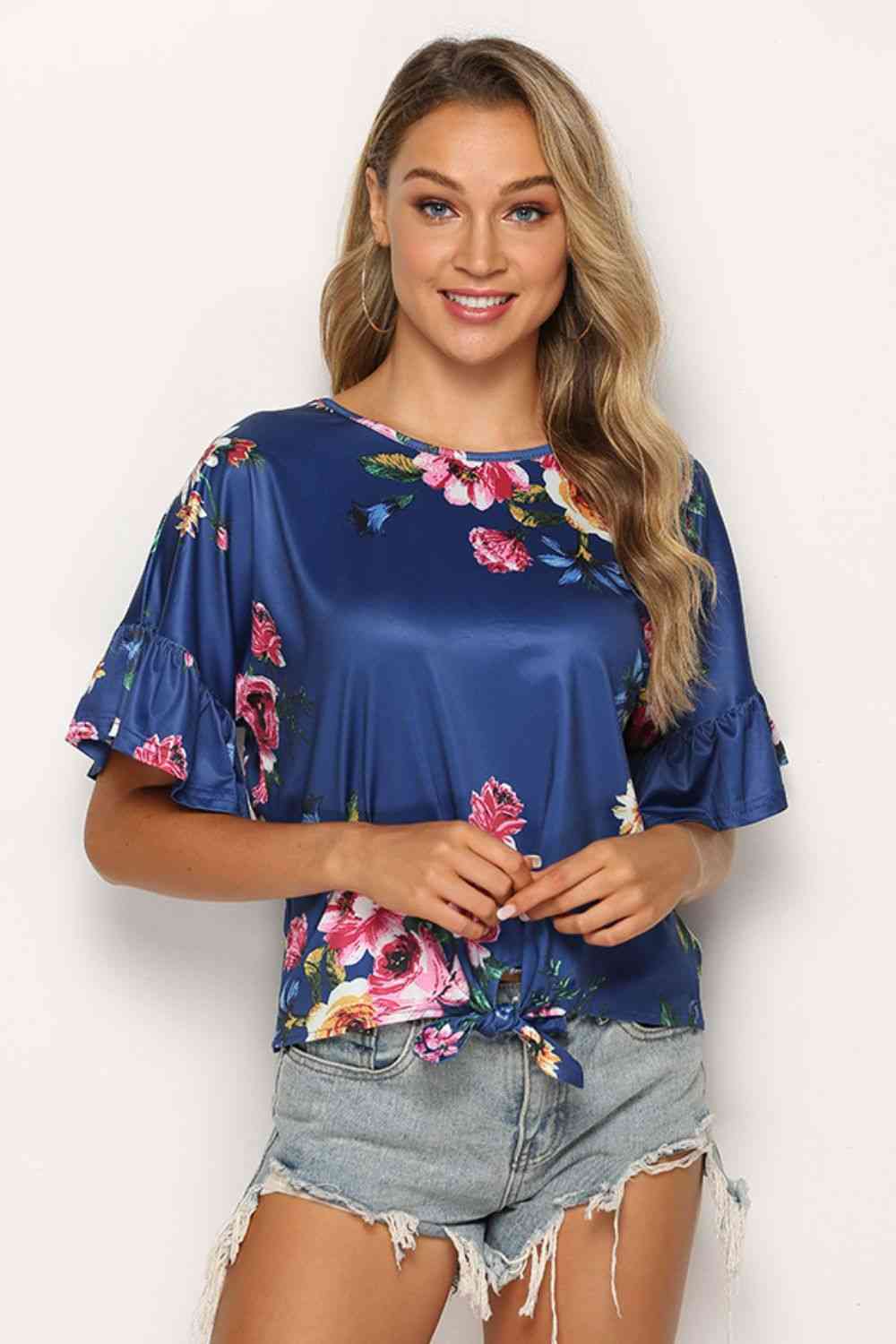 Floral Tie Hem Flounce Sleeve Top