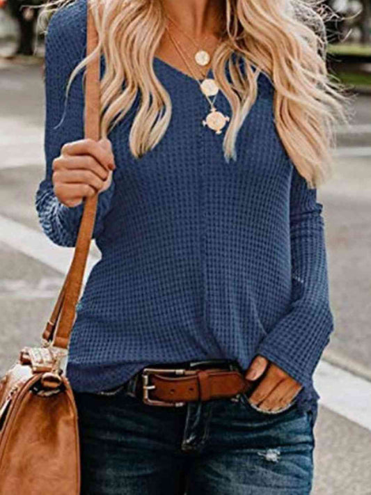 Waffle-Knit V-Neck Top