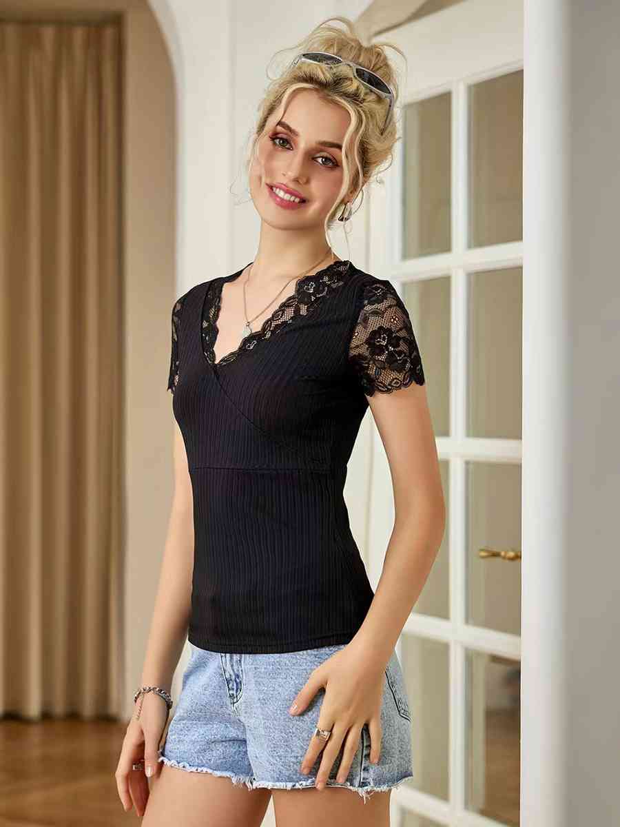 Spliced Lace Surplice Neck Top