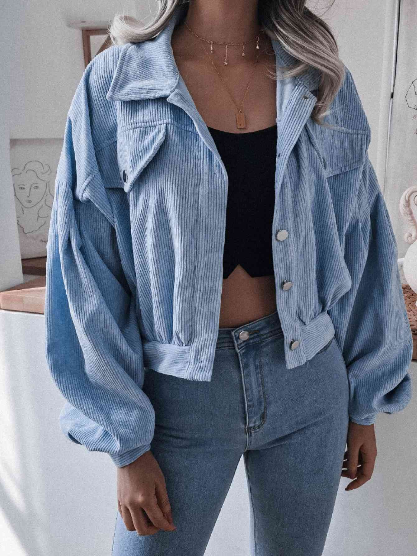 Lantern Sleeve Cropped Corduroy Jacket