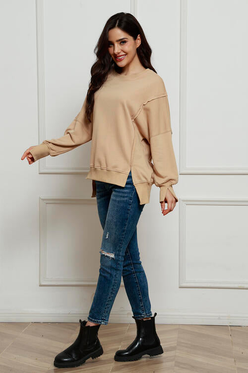 Exposed Seam Long Sleeve Slit Sweatshirt