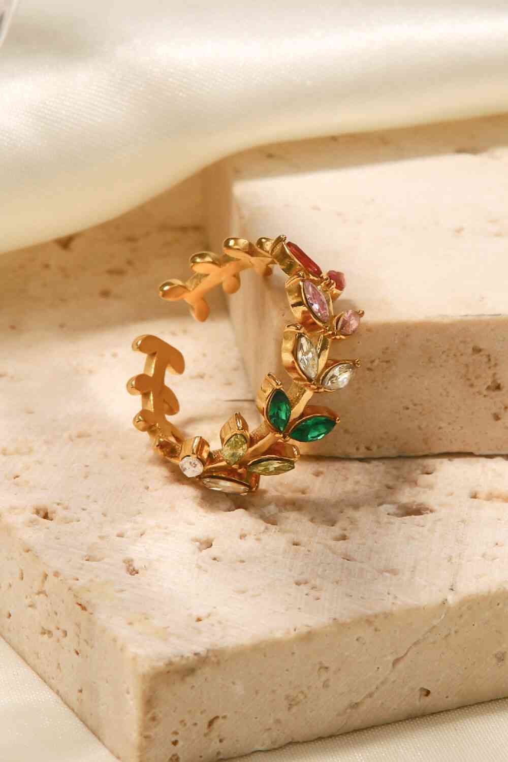 Zircon 18K Gold-Plated Leaf Open Ring