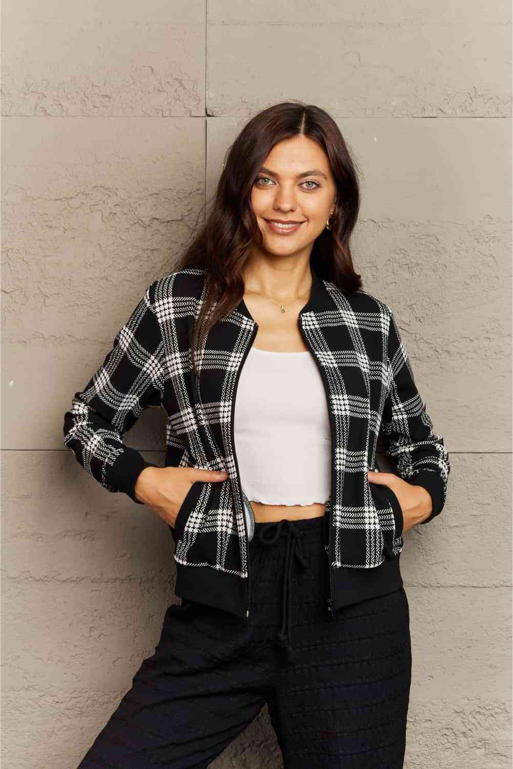 Ninexis Full Size Plaid Round Neck Long Sleeve Jacket