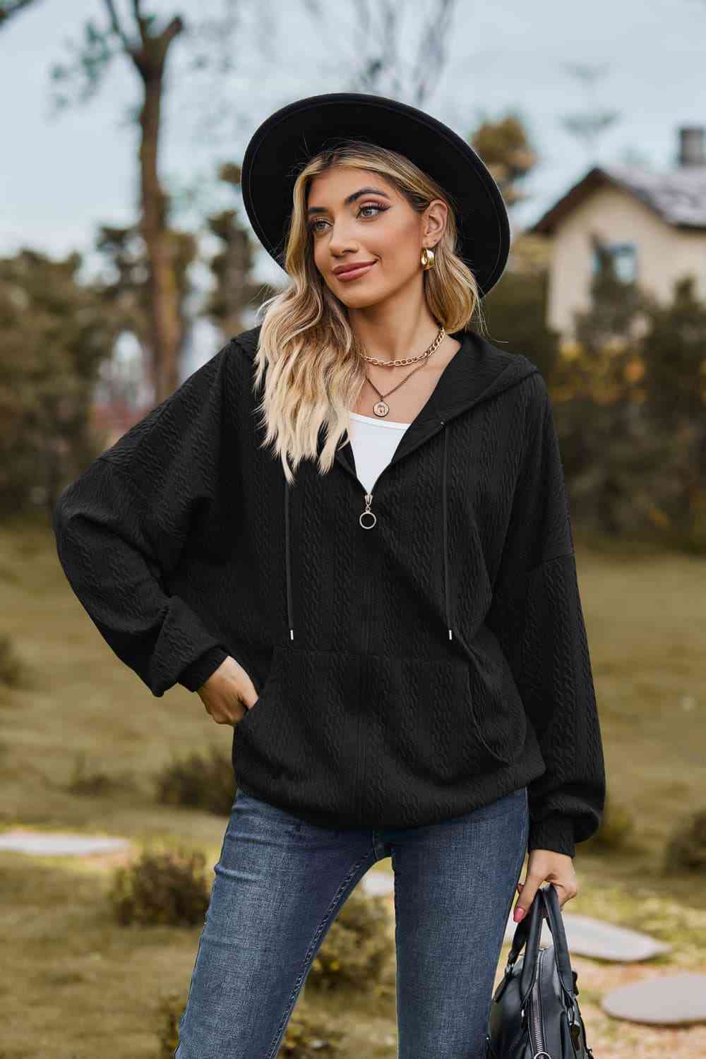 Cable-Knit Long Sleeve Hooded Jacket