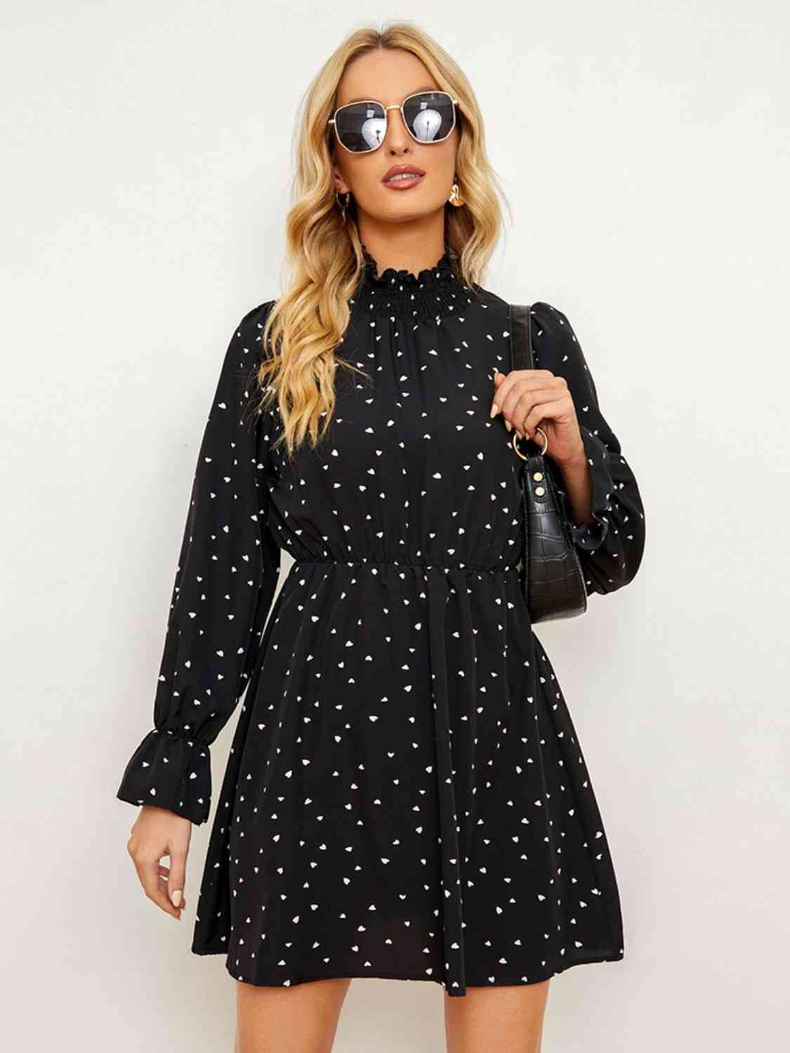 Printed  Long Flounce Sleeve Frill Neck Dress