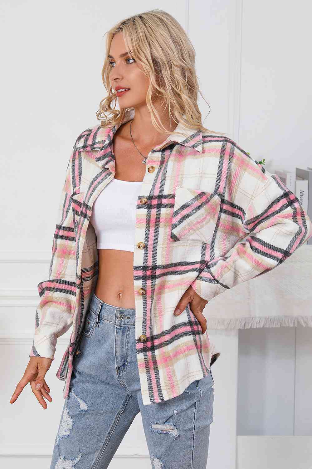 Plaid Dropped Shoulder Shirt Jacket