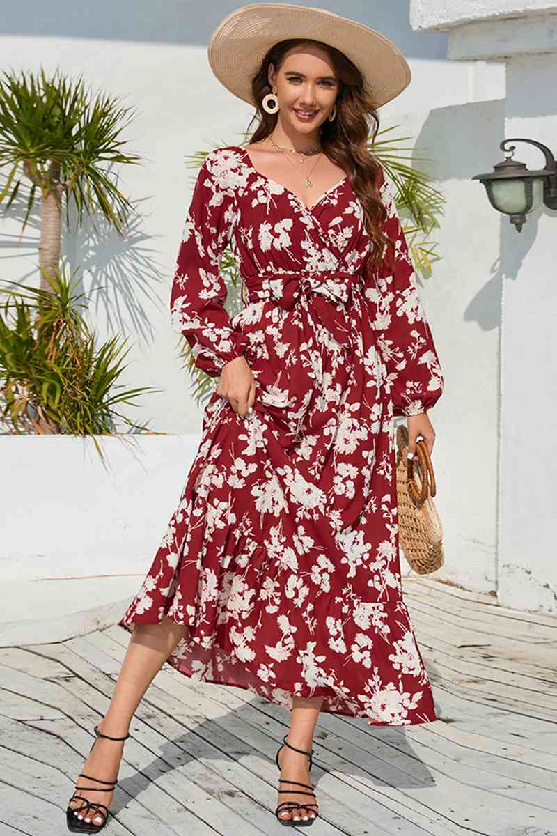 Floral Print V-Neck Long Sleeve Maxi Dress