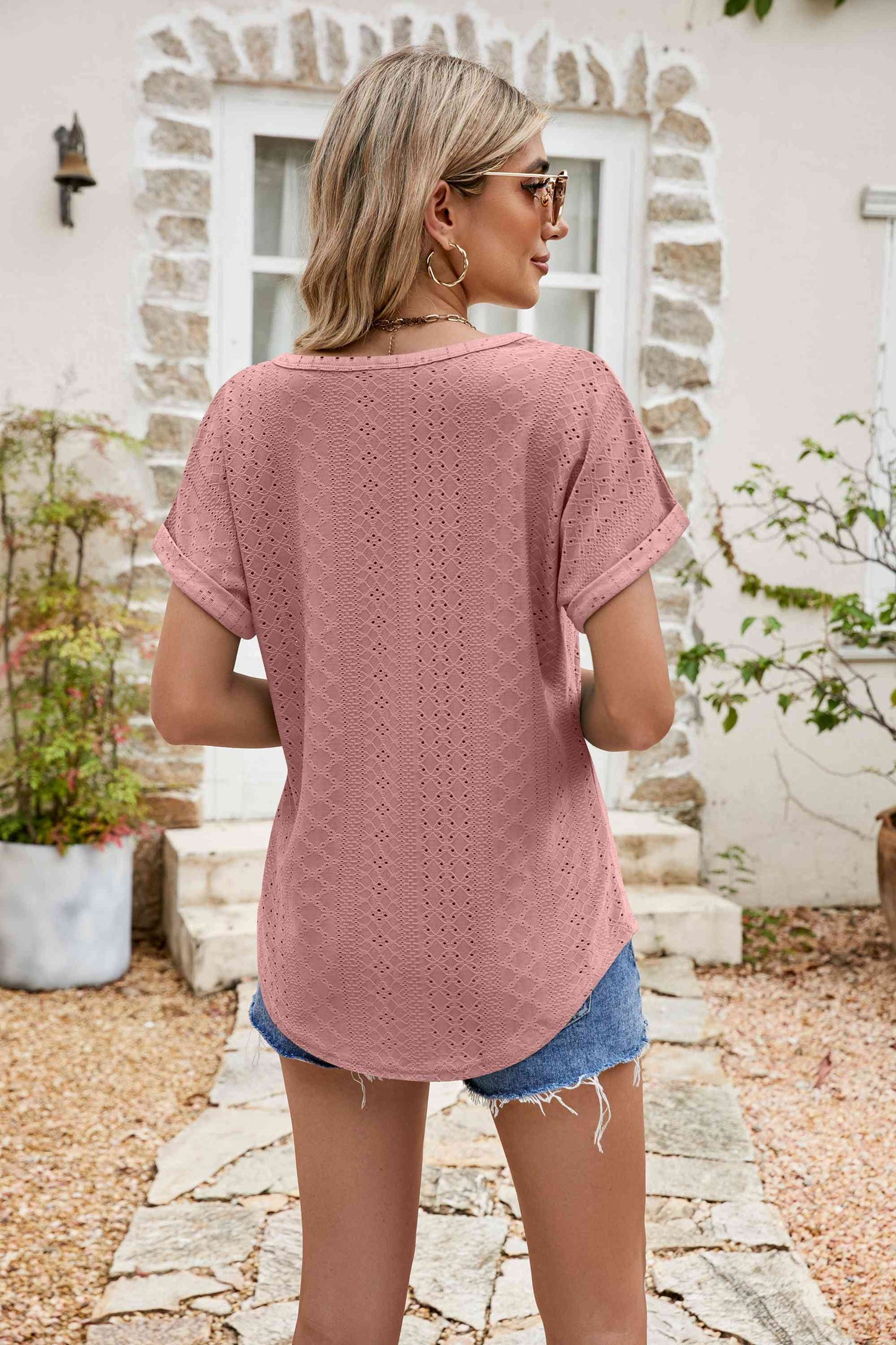 Full Size Round Neck Eyelet Short Sleeve Top