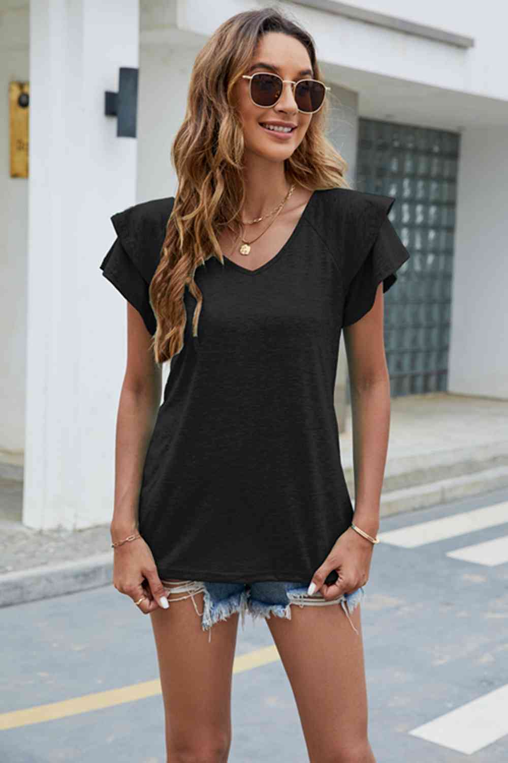 V-Neck Flutter Sleeve T-Shirt