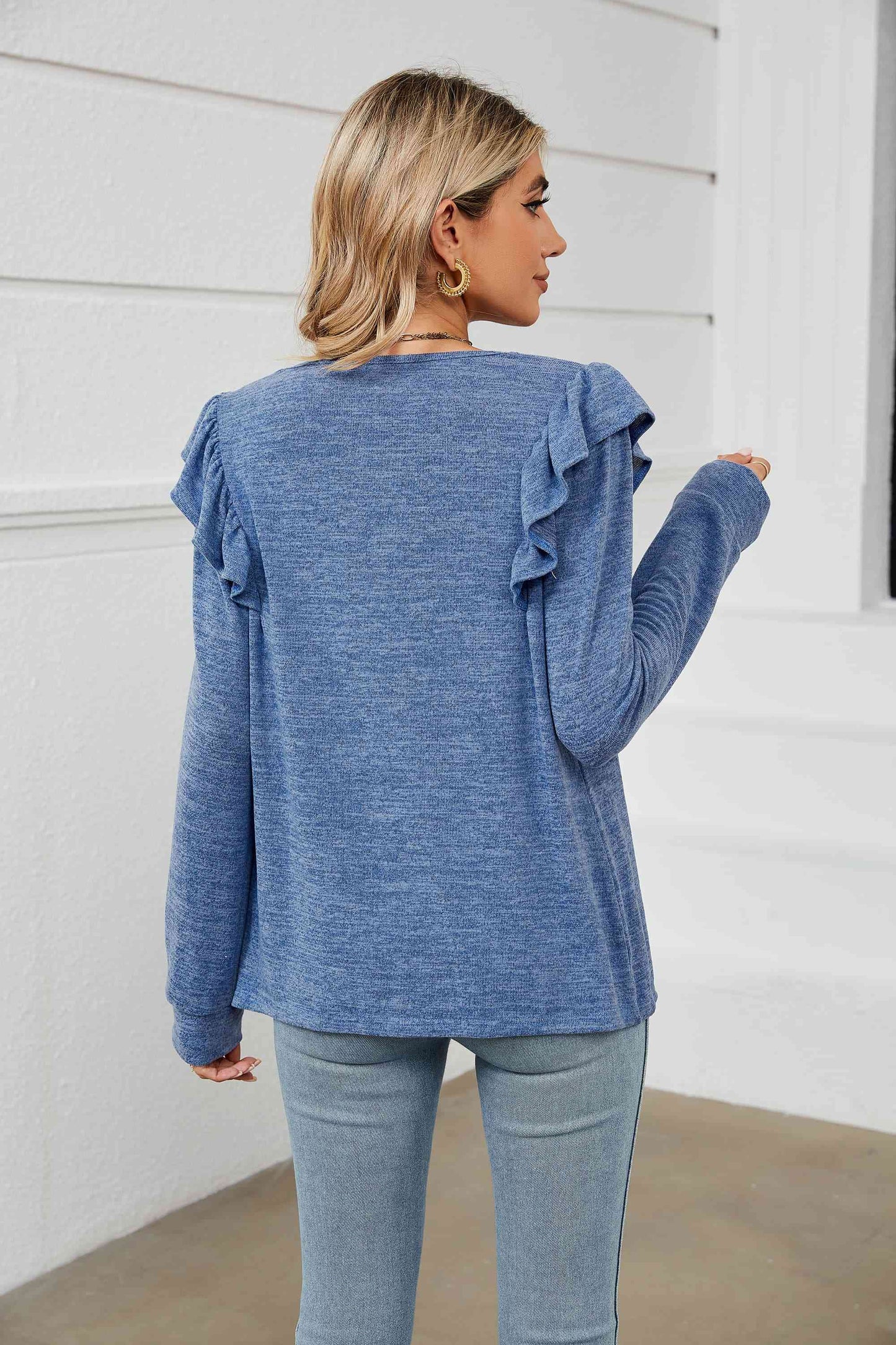 Square Neck Ruffle Shoulder Long Sleeve T-Shirt