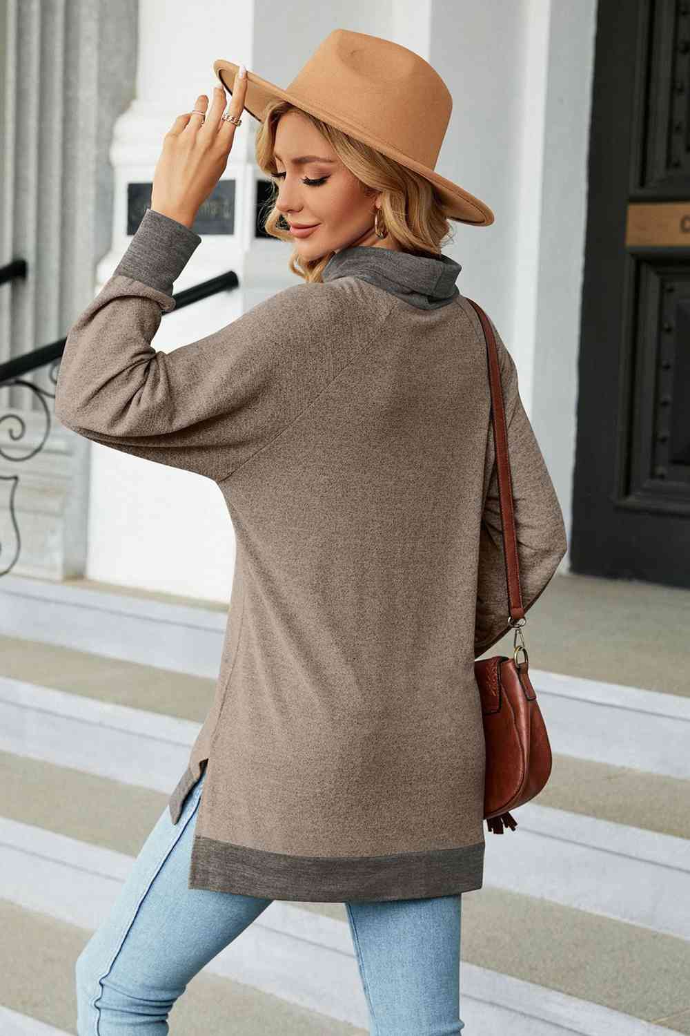 Turtle Neck Long Sleeve Slit Blouse