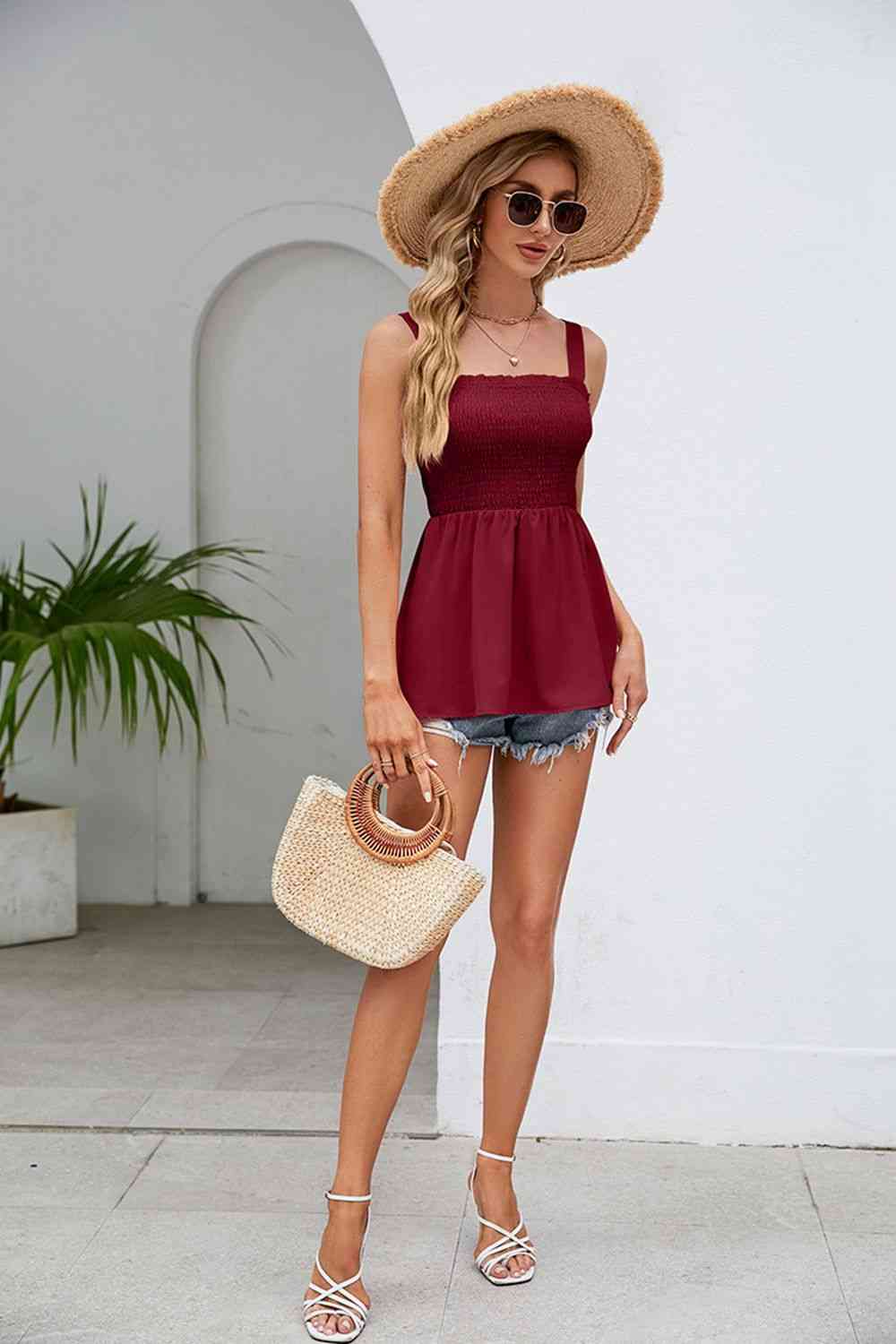 Smocked Square Neck Babydoll Tank