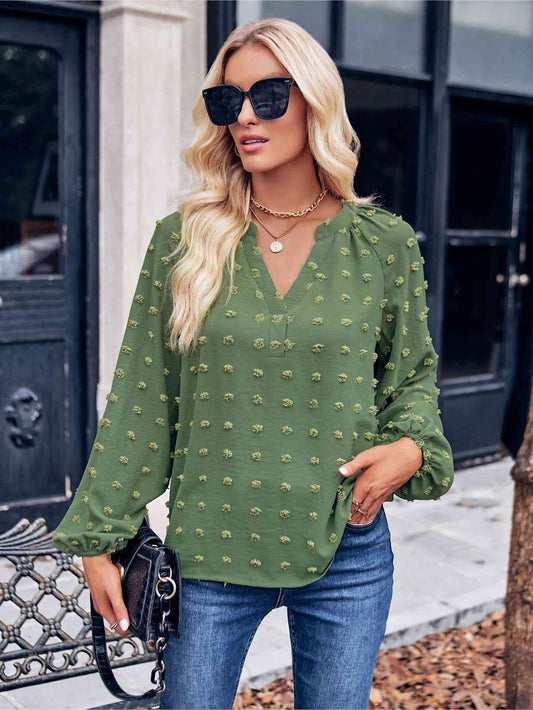 Swiss Dot Notched Neck Long Sleeve Blouse