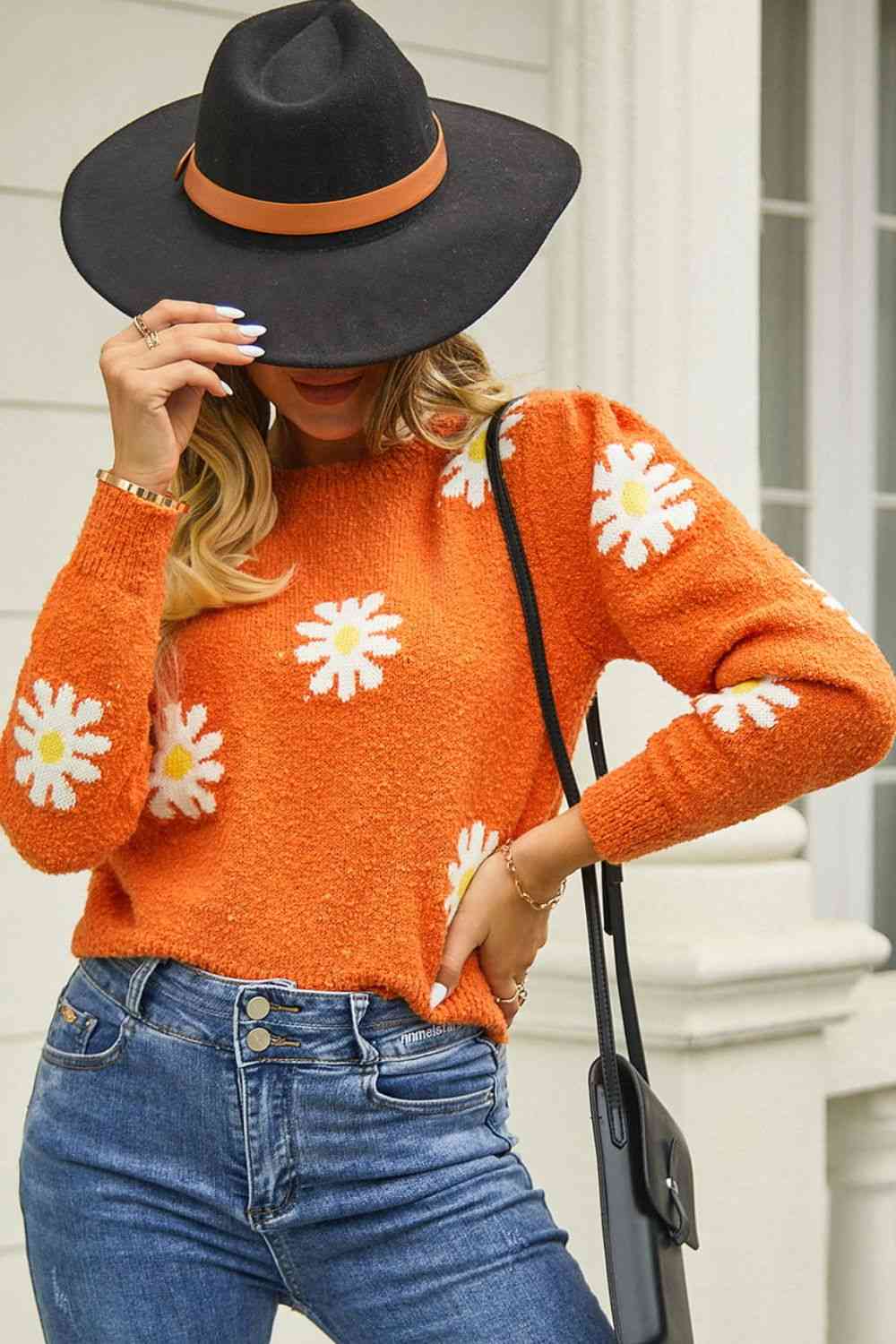 Flower Pattern Round Neck Short Sleeve Pullover Sweater