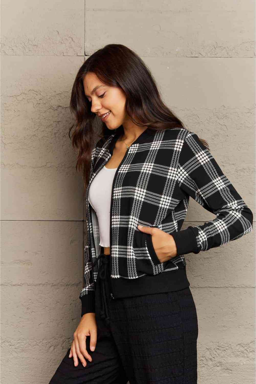 Ninexis Full Size Plaid Round Neck Long Sleeve Jacket