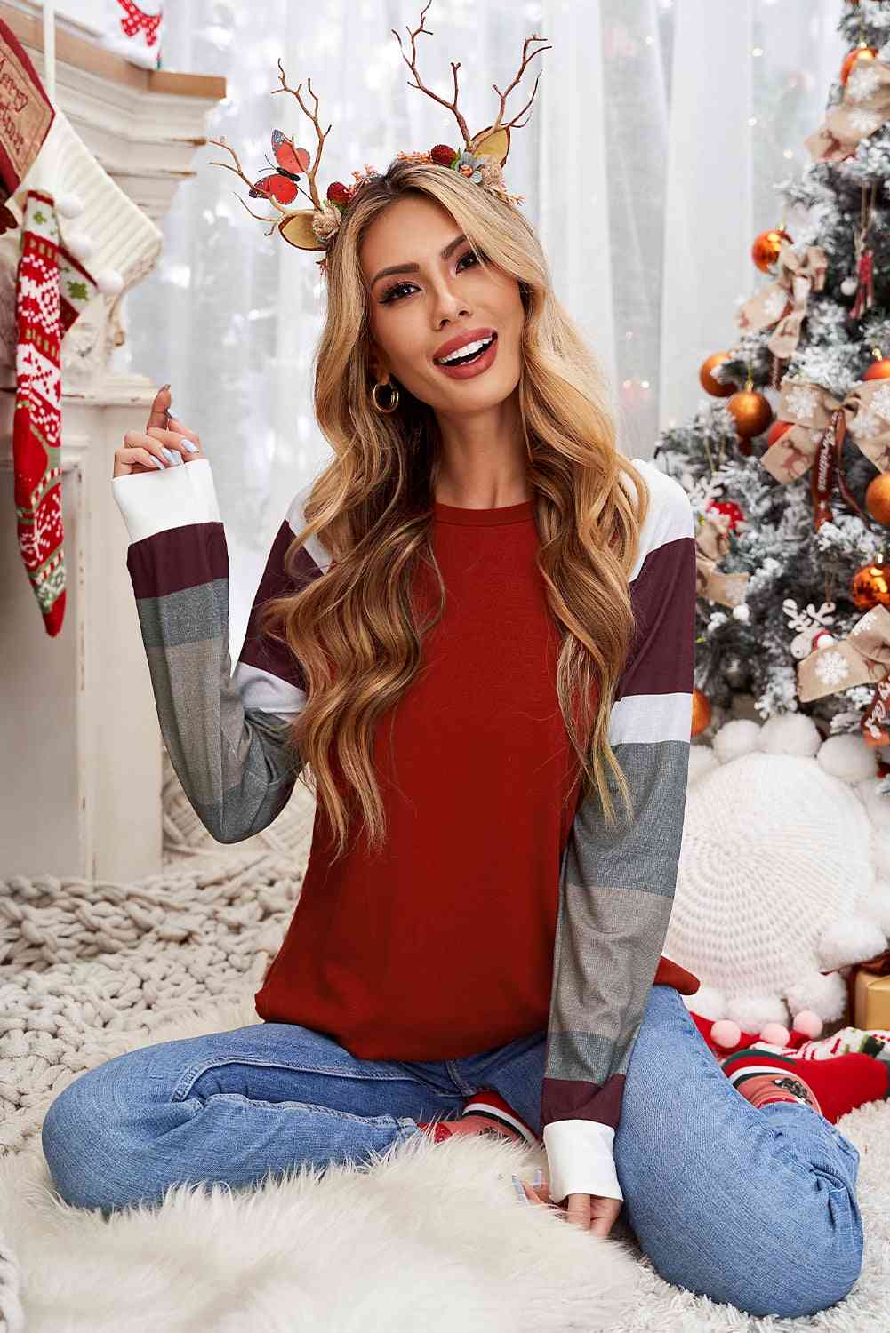 Double Take Color Block Curved Hem Long Sleeve Tee