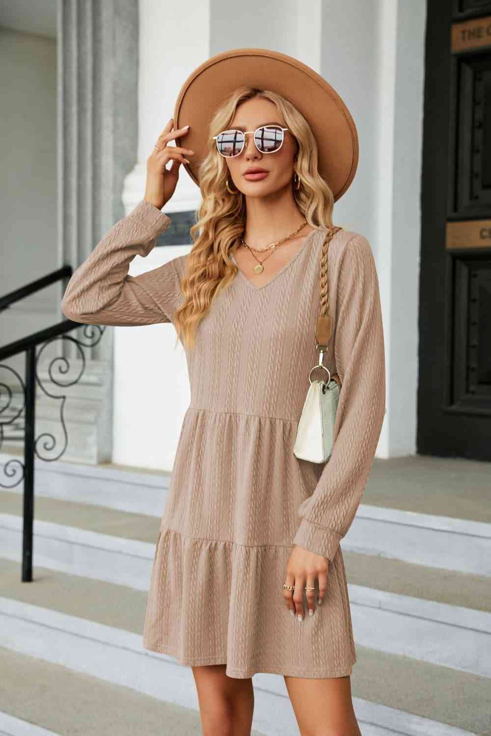 V-Neck Long Sleeve Mini Dress