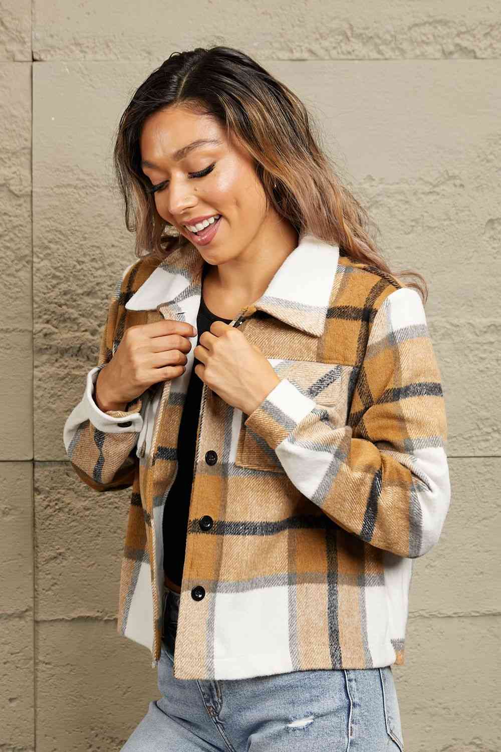 Double Take Plaid Collared Neck Jacket with Breast Pockets