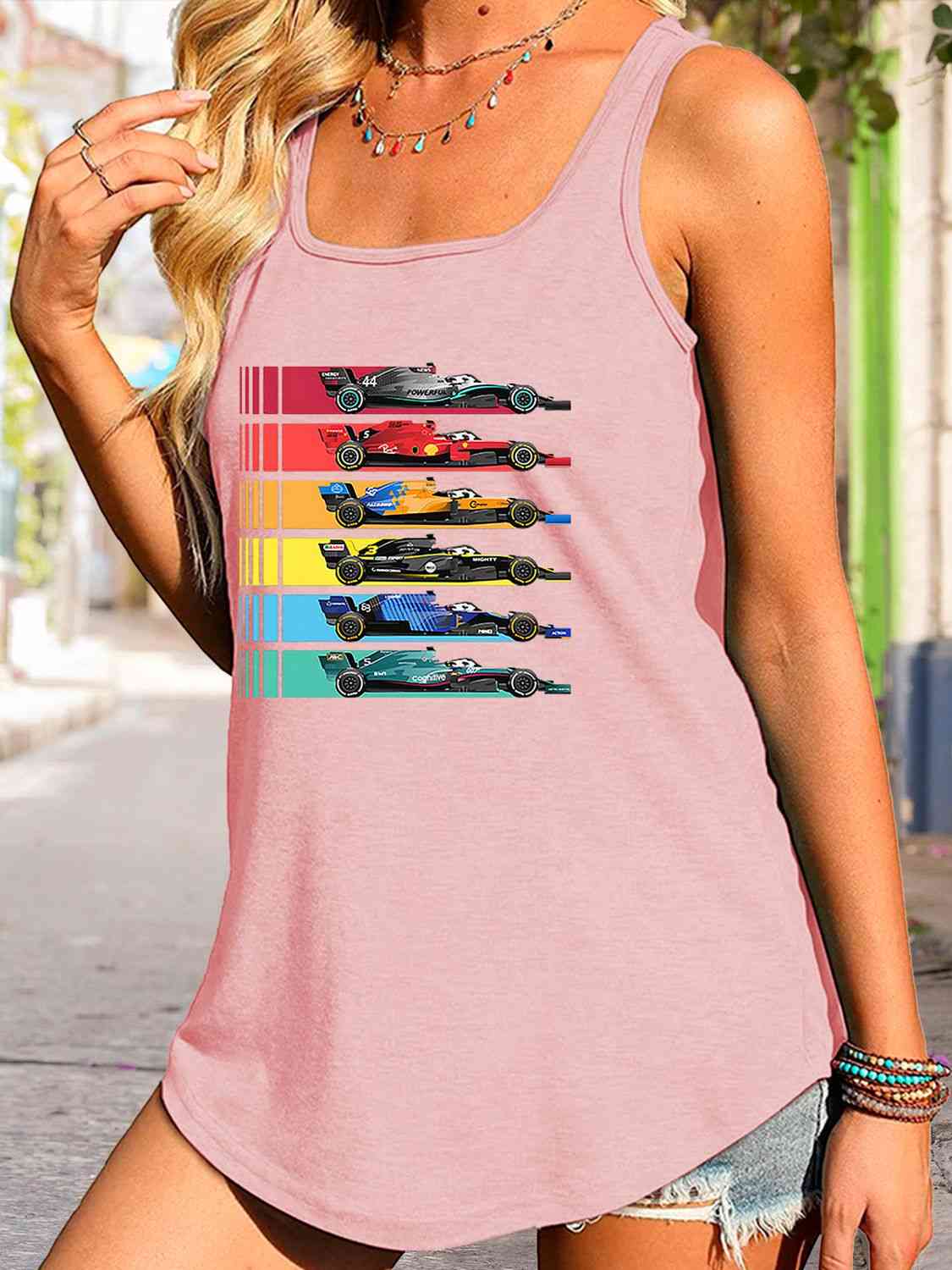 Scoop Neck Race Car Graphic Tank Top