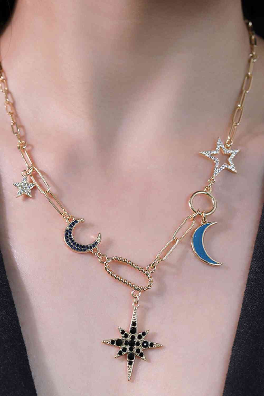 Star and Moon Rhinestone Alloy Necklace