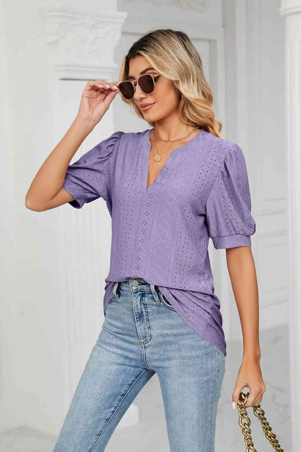 Eyelet Short Puff Sleeve Notched Neck Top