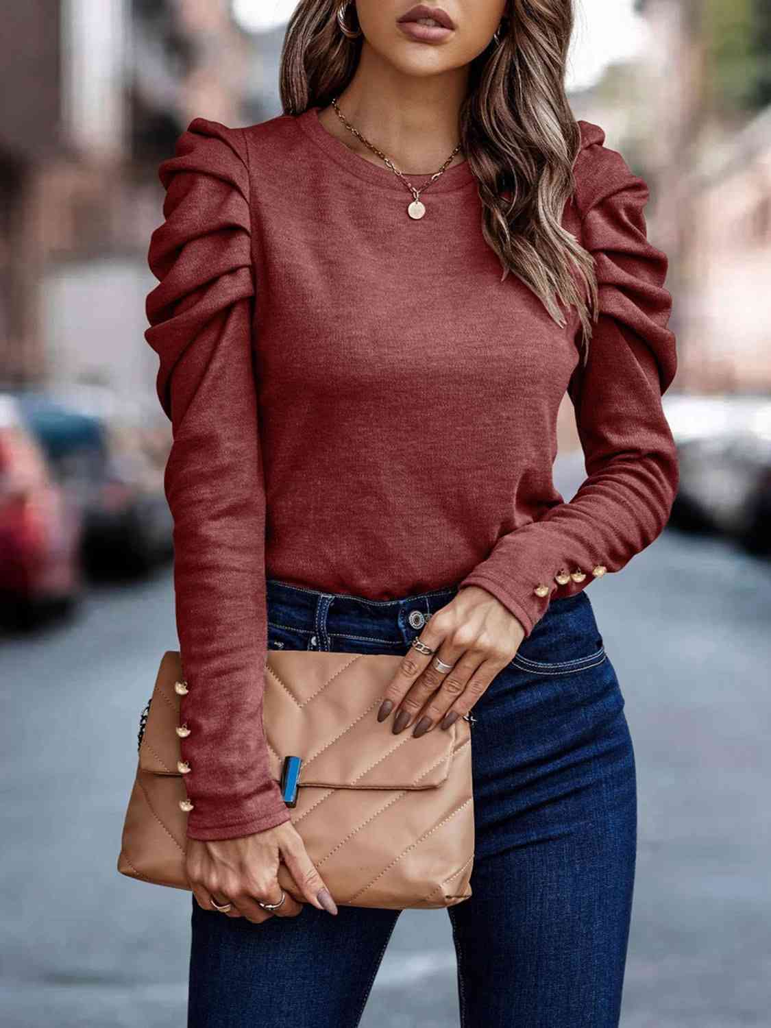 Decorative Button Puff Sleeve T-Shirt