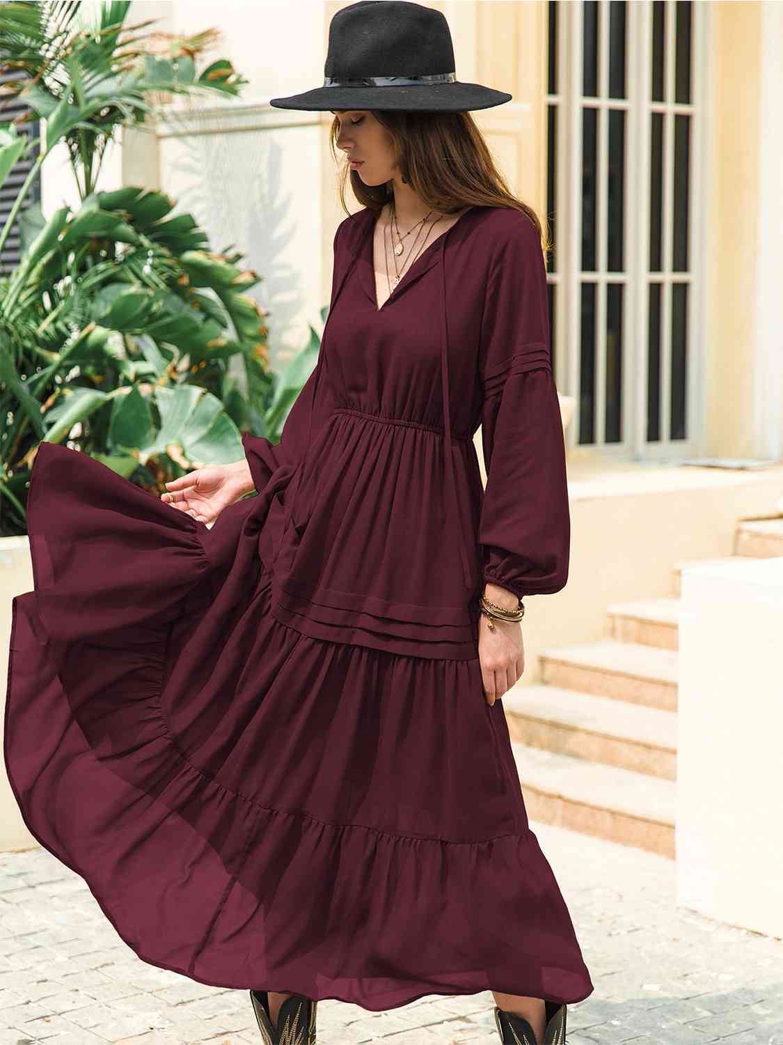 Tie Neck Long Sleeve Midi Tiered Dress