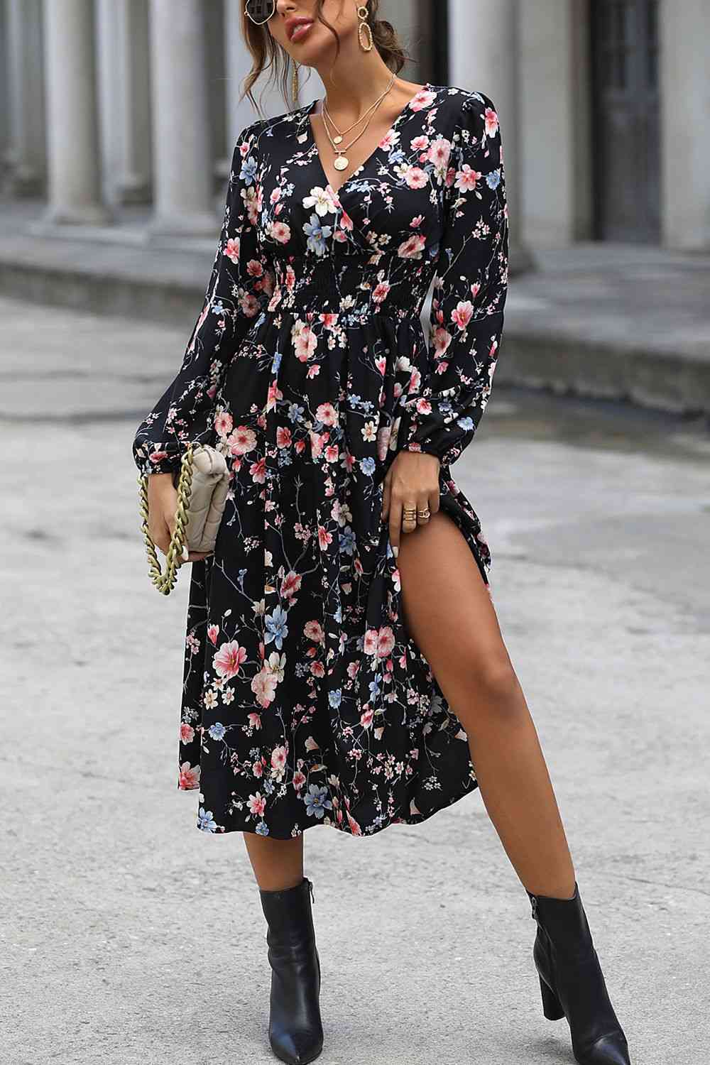 Floral Long Sleeve Surplice Neck Dress