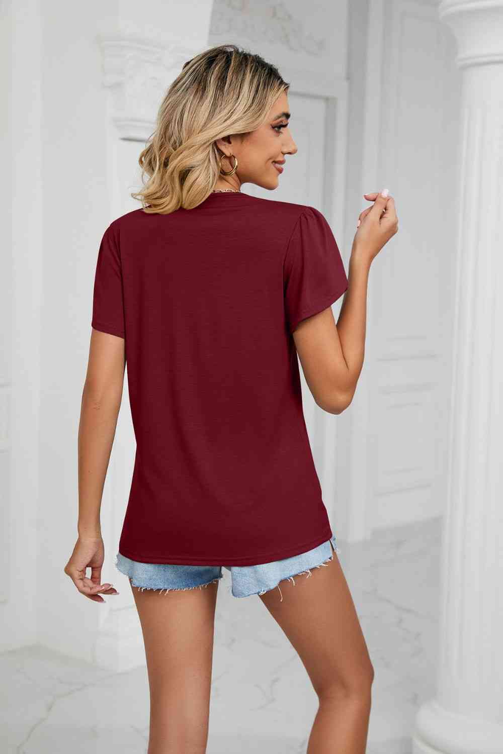 Contrast Trim Petal Sleeve V-Neck Top