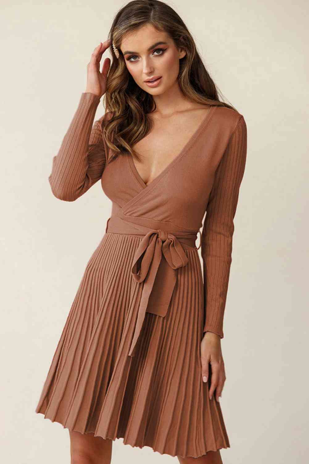 Surplice Neck Tie Waist Pleated Dress